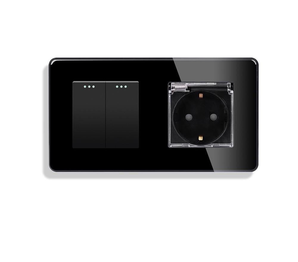 Выключатель перекрестный ELIOS 2-клавишный с розеткой IP44 с заземлением/защитными шторками стекло Черный