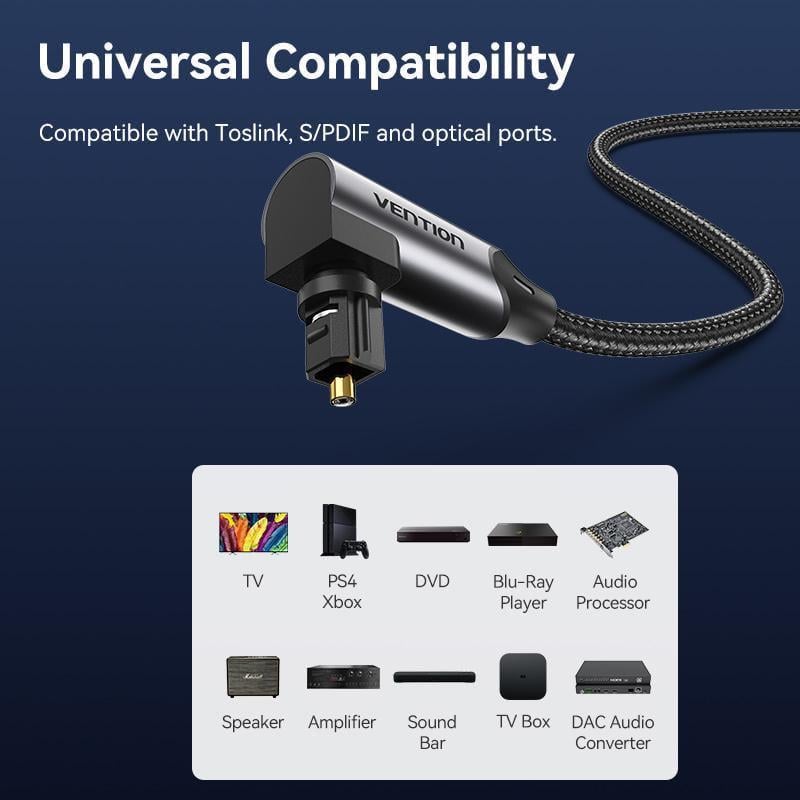 Кабель оптичний Vention Toslink з поворотом на 360° SPDIF Dolby Digital Аудіо Hi-Fi нейлонове обплетення 3 м Чорний (BKDBI) - фото 12