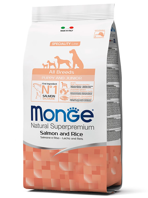 Корм сухий для цуценят і юніорів усіх порід Monge DOG Natural Superpremium All breeds Puppy&Junior з лососем і рисом 15 кг