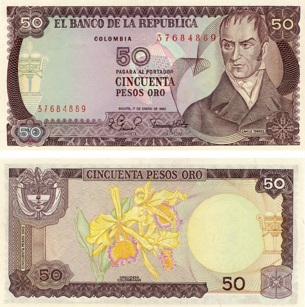 Коллекционная банкнота Колумбия 50 песо оро 1980 UNC P422a (Б05521)