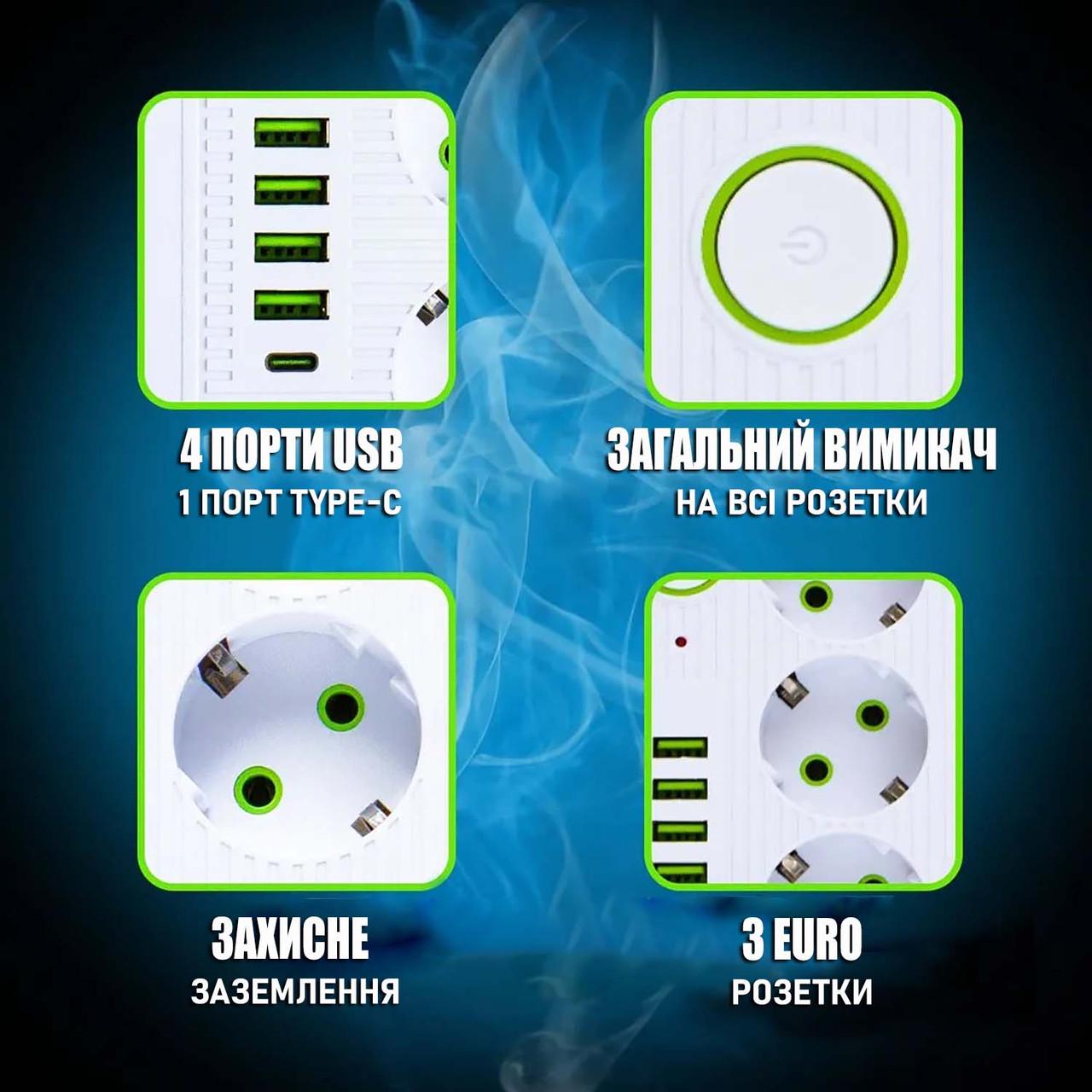 Удлинитель 2500 Вт 3 розетки 4 USB/Type C с кабелем 2 м Белый (F09U) - фото 8
