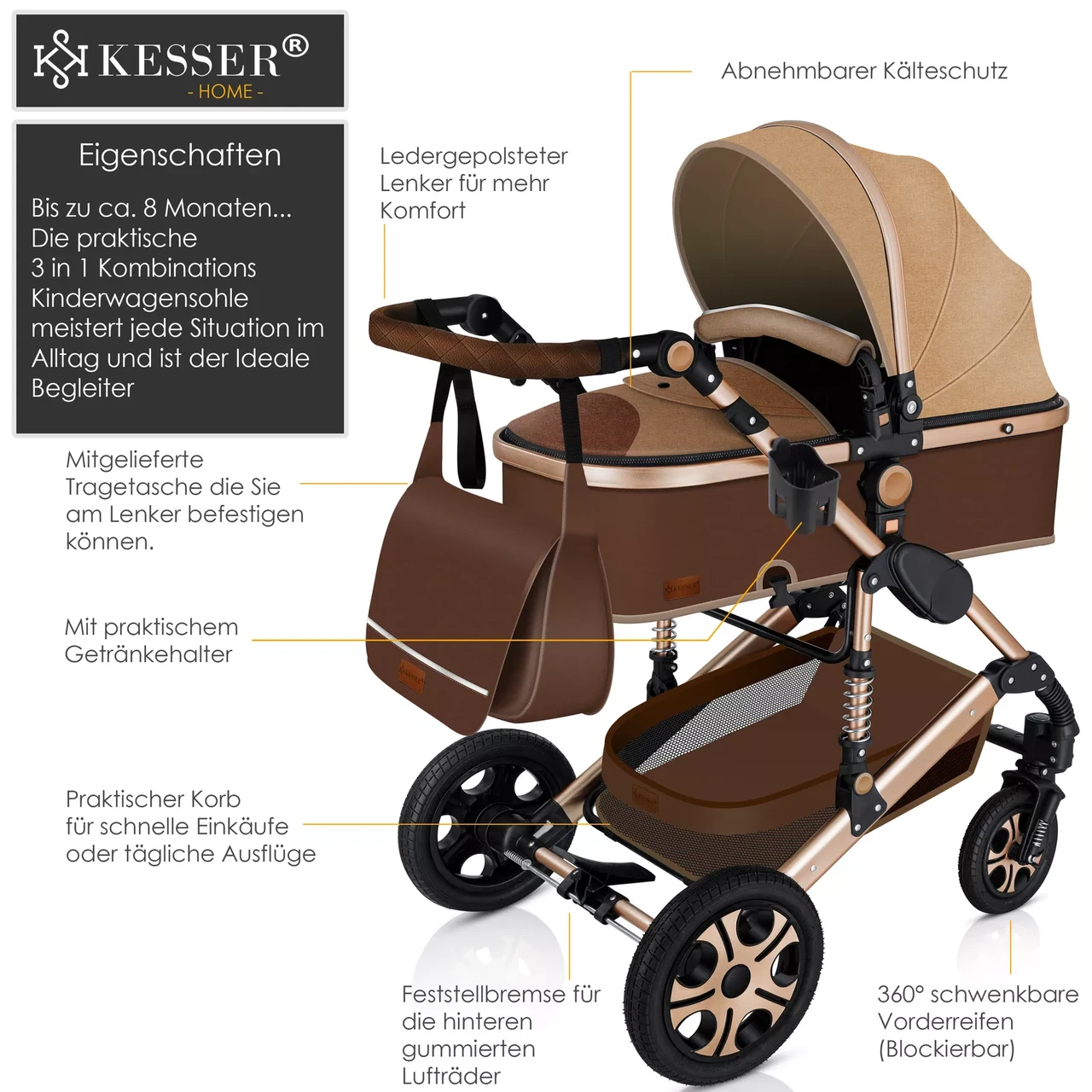 Коляска дитяча з автокріслом KESSER 3в1 94x64x119 см Коричневий/Золотистий - фото 2