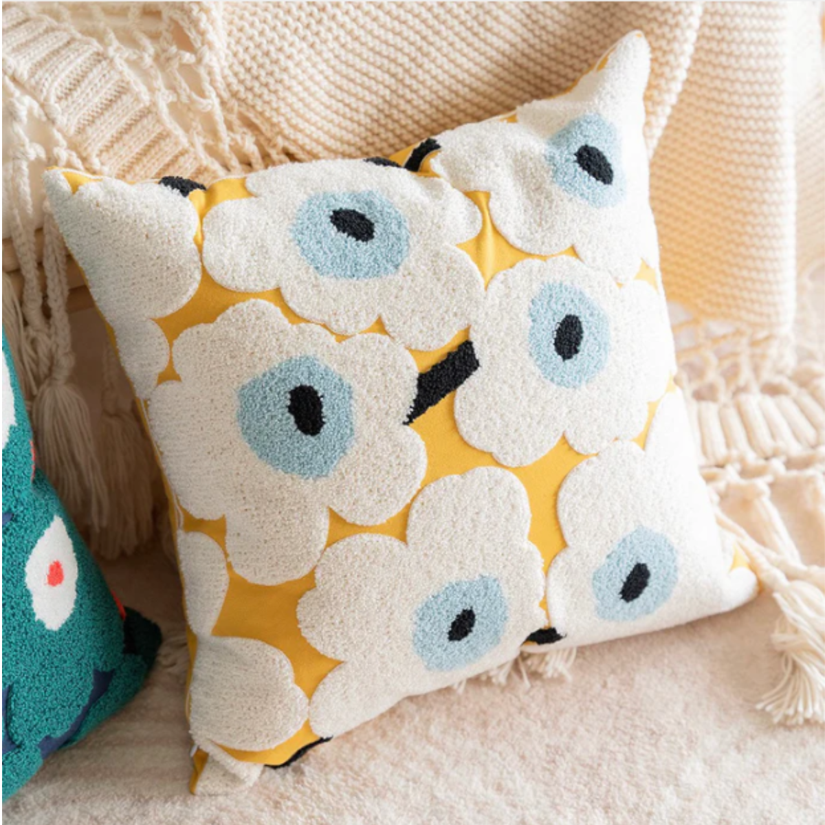 Подушка декоративная хлопок с эффектным цветочным принтом квадратная 45х45 см Желтый с белым (60076)