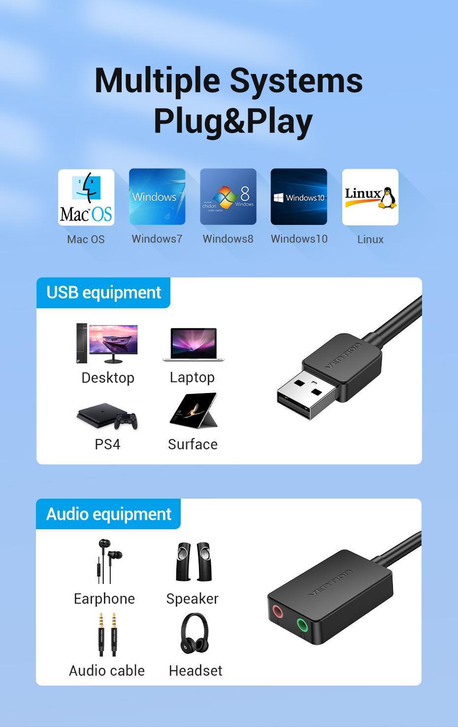 Зовнішня звукова карта Vention USB Два порти 3,5 мм шумозаглушення Plug&Play Сумісна з Windows Mac Linux 1 м Чорний (CDYBF) - фото 8 Зовнішня звукова карта Vention USB Два порти 3,5 мм шумозаглушення Plug&Play Сумісна з Windows Mac Linux 1 м Чорний (CDYBF) - фото 8
