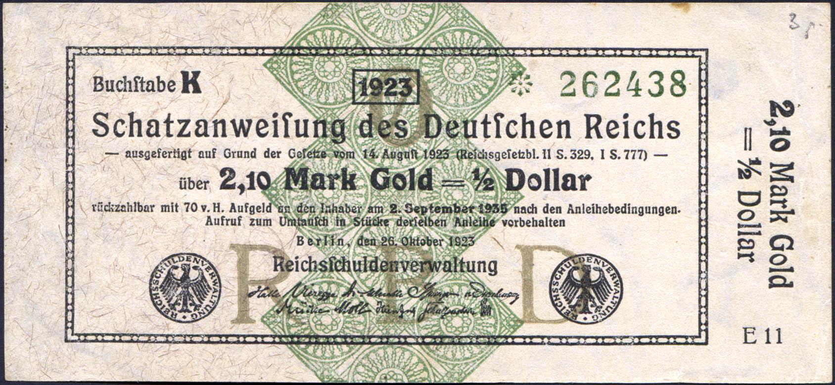 Коллекционная банкнота Германия 1923 год 2,10 золотых марок 1/2 доллара P157 VF Коллекционная банкнота Германия 1923 год 2,10 золотых марок 1/2 доллара P157 VF