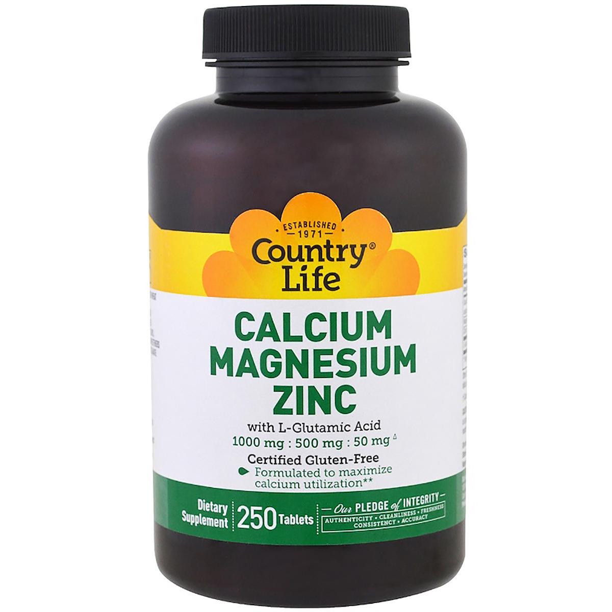 Витамины Кальций/Магний и Цинк с L-Глютамином Calcium Magnesium Zync Country Life 250 таблеток (4292)