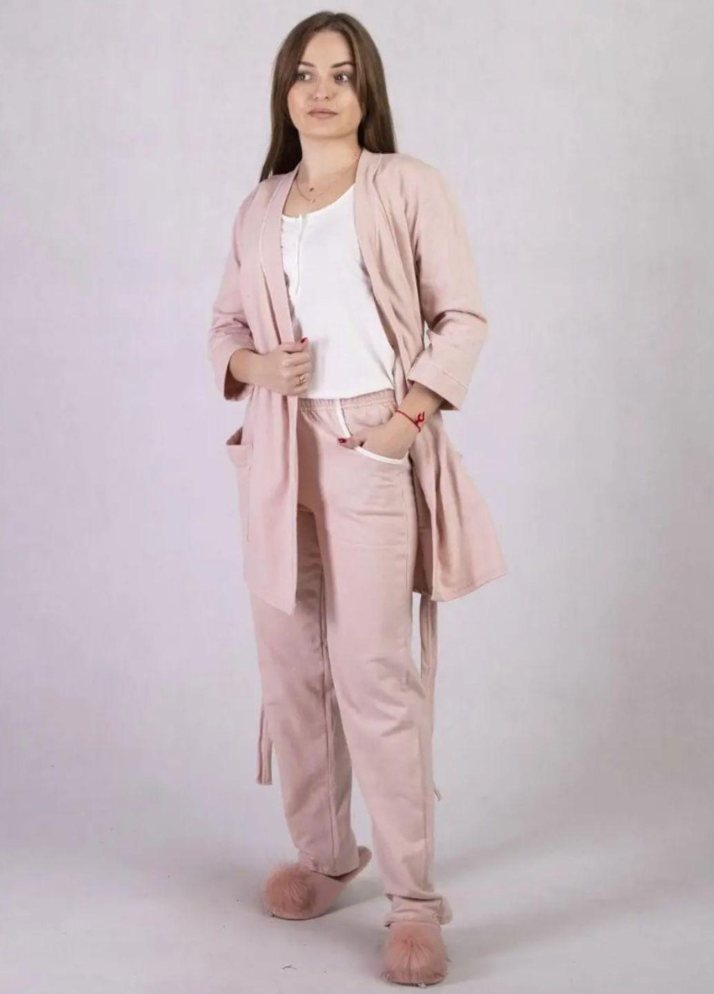 Костюм домашний теплый тройка халат с пижамой 359-44 M 1 шт. Бежевый