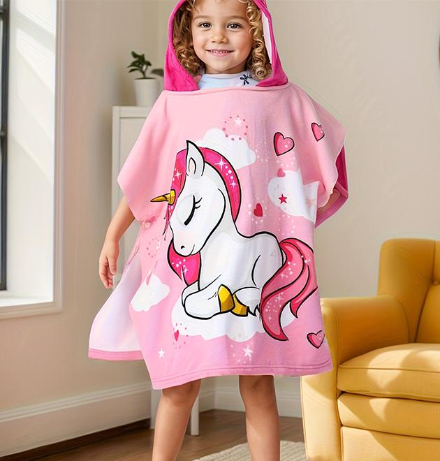 Полотенце пончо с капюшоном детское Единорог для девочек 60х120 см Розовый - фото 2