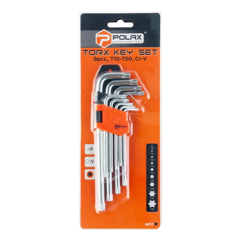 Набір шестигранних TORX ключів Polax Г-подібних подовжених 9 предметів Т10-Т50 Cr-V (25-008) - фото 6