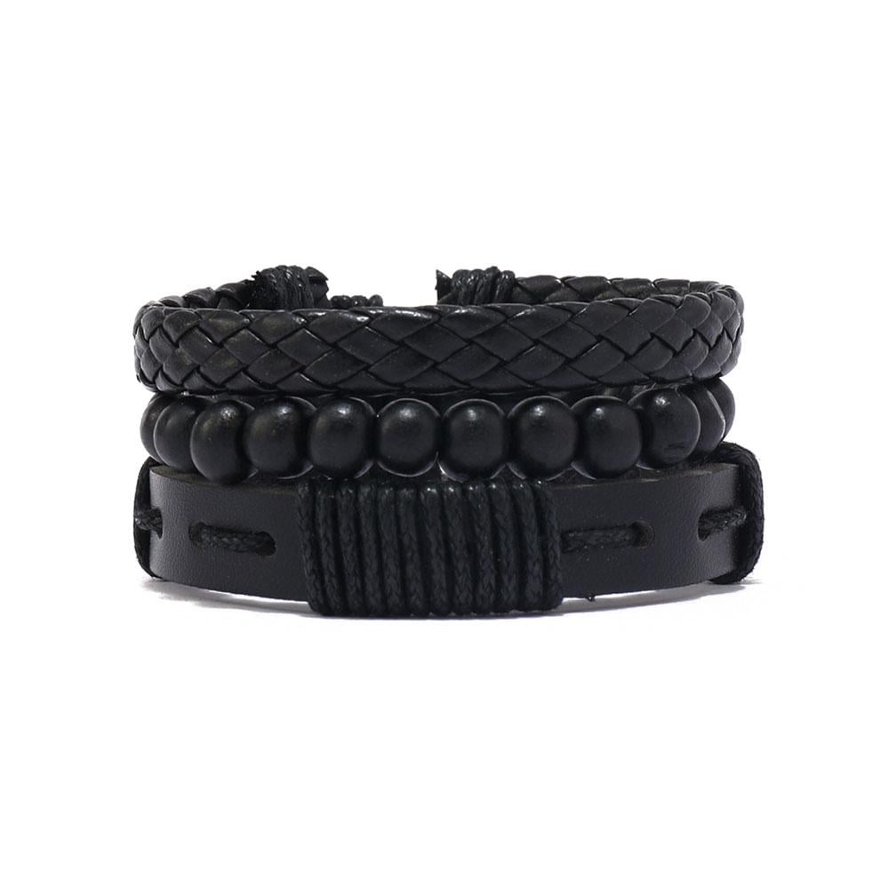 Набор браслетов мужских плетеных кожаных универсального размера с черными бусинами (NR0512)