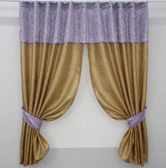 Шторки на кухню с ламбрекеном 275х170 см Золотистый/Сиреневый (073к)