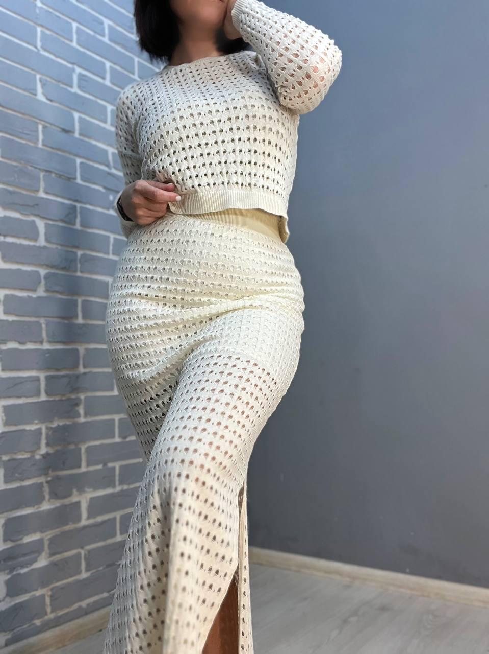 Костюм женский MINTAS 4204-2414 ажурная вязка реглан с юбкой OS Молочный (1885) - фото 8 Костюм женский MINTAS 4204-2414 ажурная вязка реглан с юбкой OS Молочный (1885) - фото 8