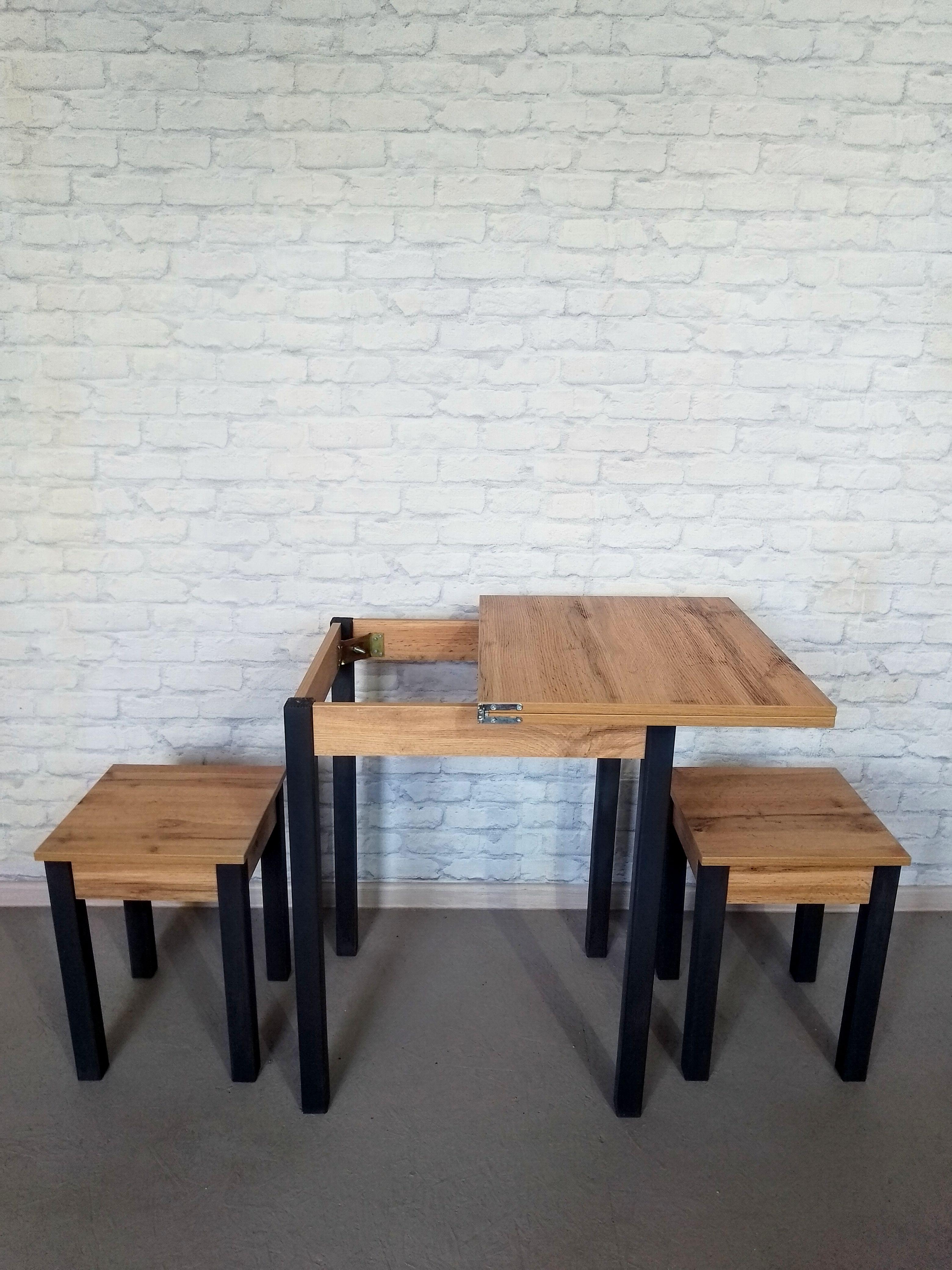 Обеденный стол и 2 табурета Смарт раскладной/ножки деревянные 60х50х75 см/34х34х45 см Дуб аппалачи/Графитовый (0023) - фото 4 Обеденный стол и 2 табурета Смарт раскладной/ножки деревянные 60х50х75 см/34х34х45 см Дуб аппалачи/Графитовый (0023) - фото 4