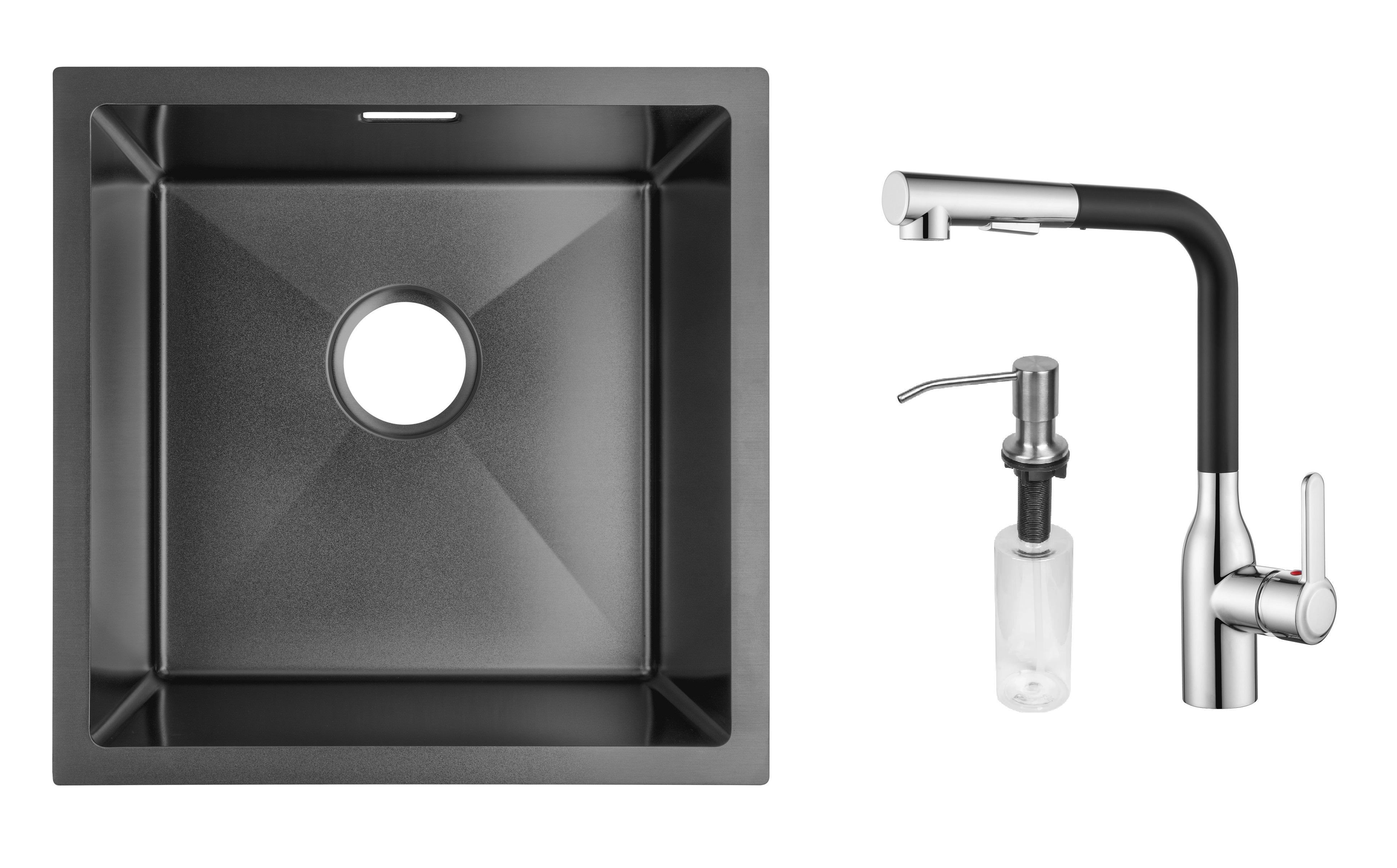 Комплект из кухонной мойки Gunter&Hauer Olef 4522 Black кухонного смесителя Gunter&Hauer DUNKEL Cr-Bl и дозатора Gunter&Hauer Soap Dispenser Inox
