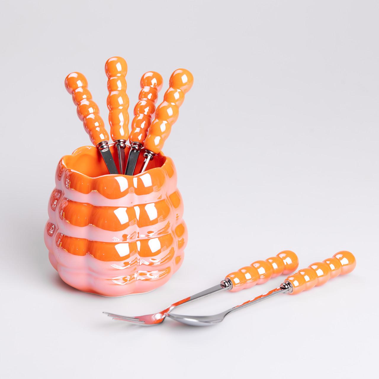 Набір десертних виделок та ложок на 3 персони з підставкою з кераміки 7 предметів Помаранчевий (6575)