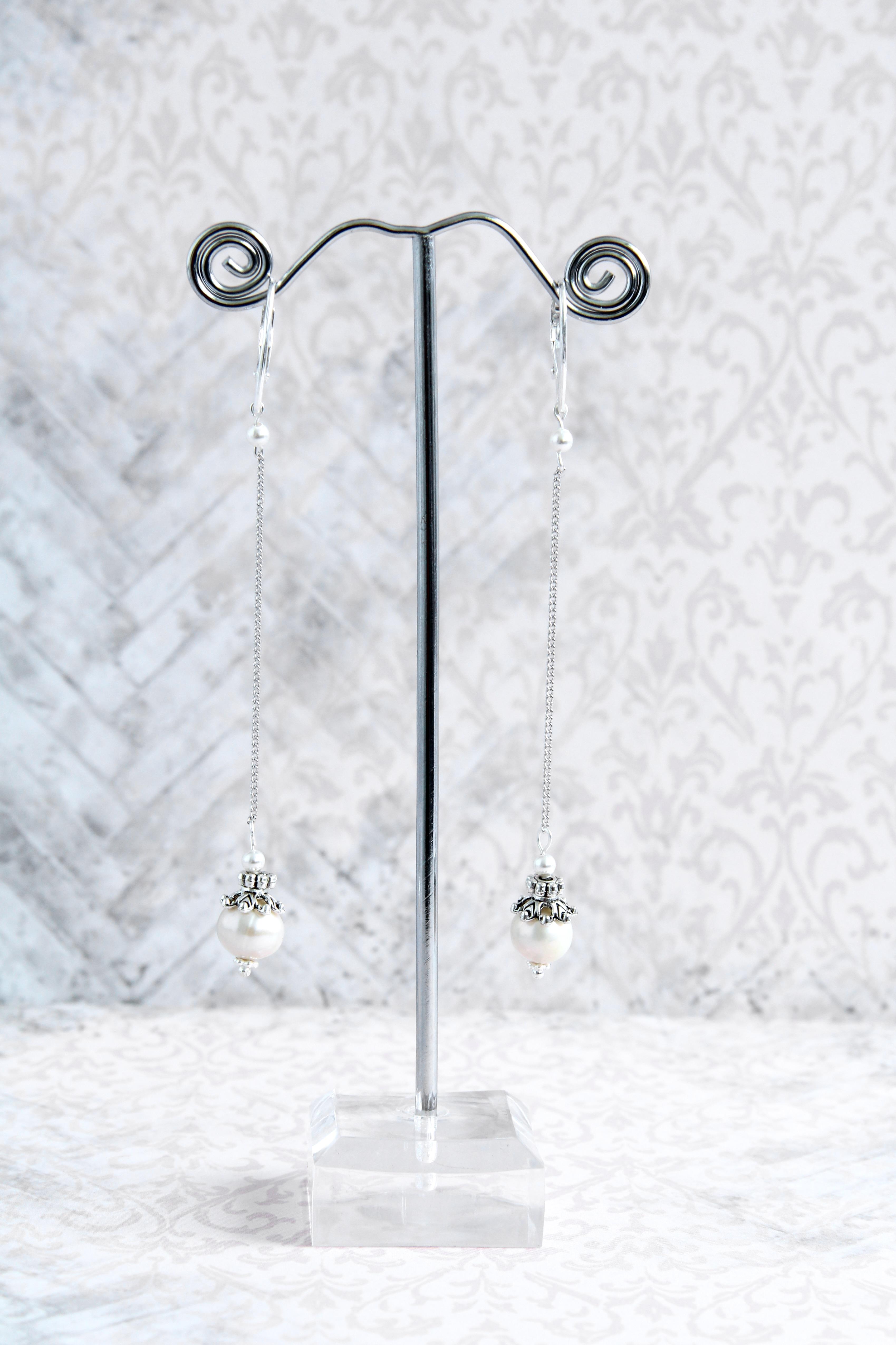 Сережки-ланцюжки з натуральними білими перлами Біла ручна робота (ER-0080)