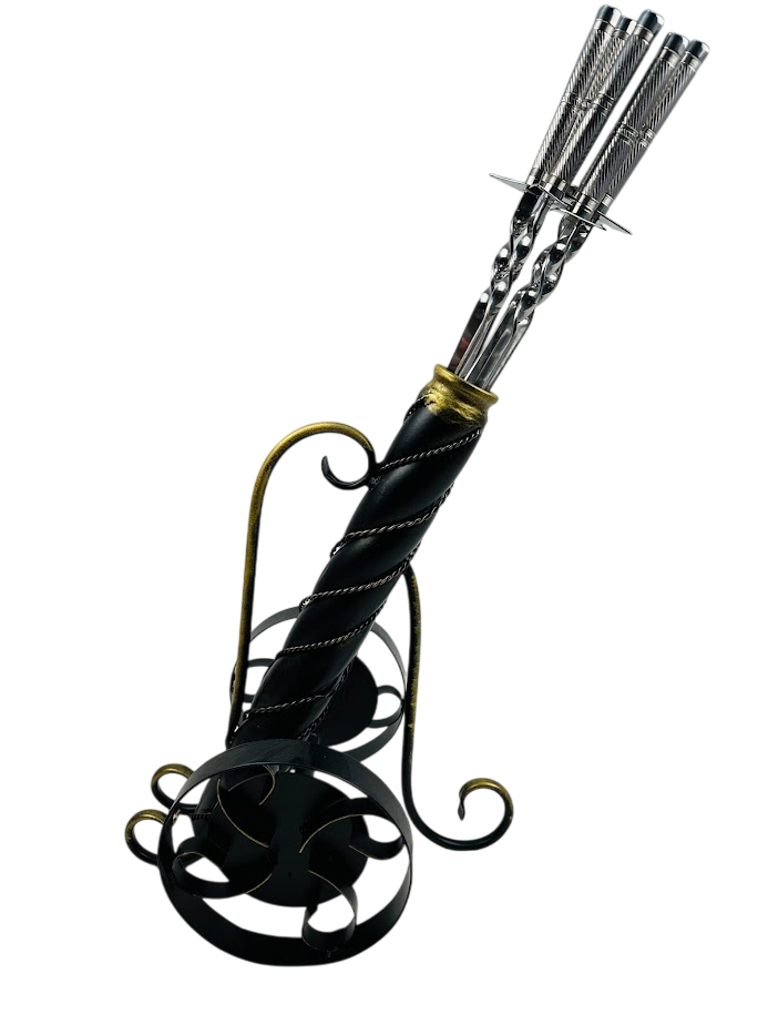 Подарочный набор шампуров Пушка на 7 предметов из нержавеющей стали на металлической подставке Золотисто-черный (124-10-NB-5003)