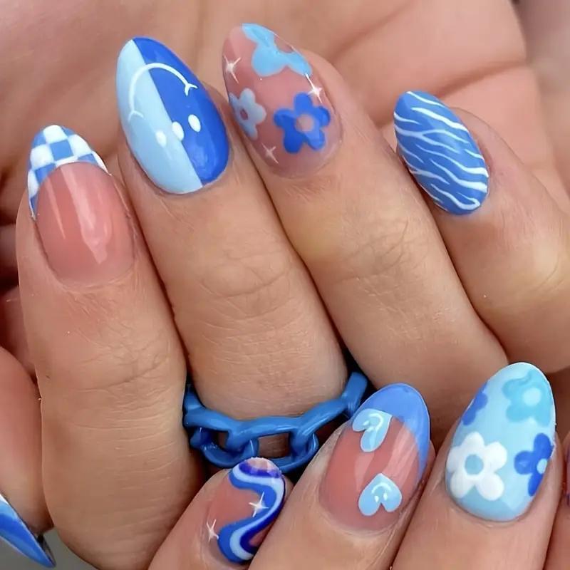 Комплект накладних нігті Blue Fantasy мигдаль середньої довжини з клейовими пластинами 24 шт. Синій (2789190674) - фото 2