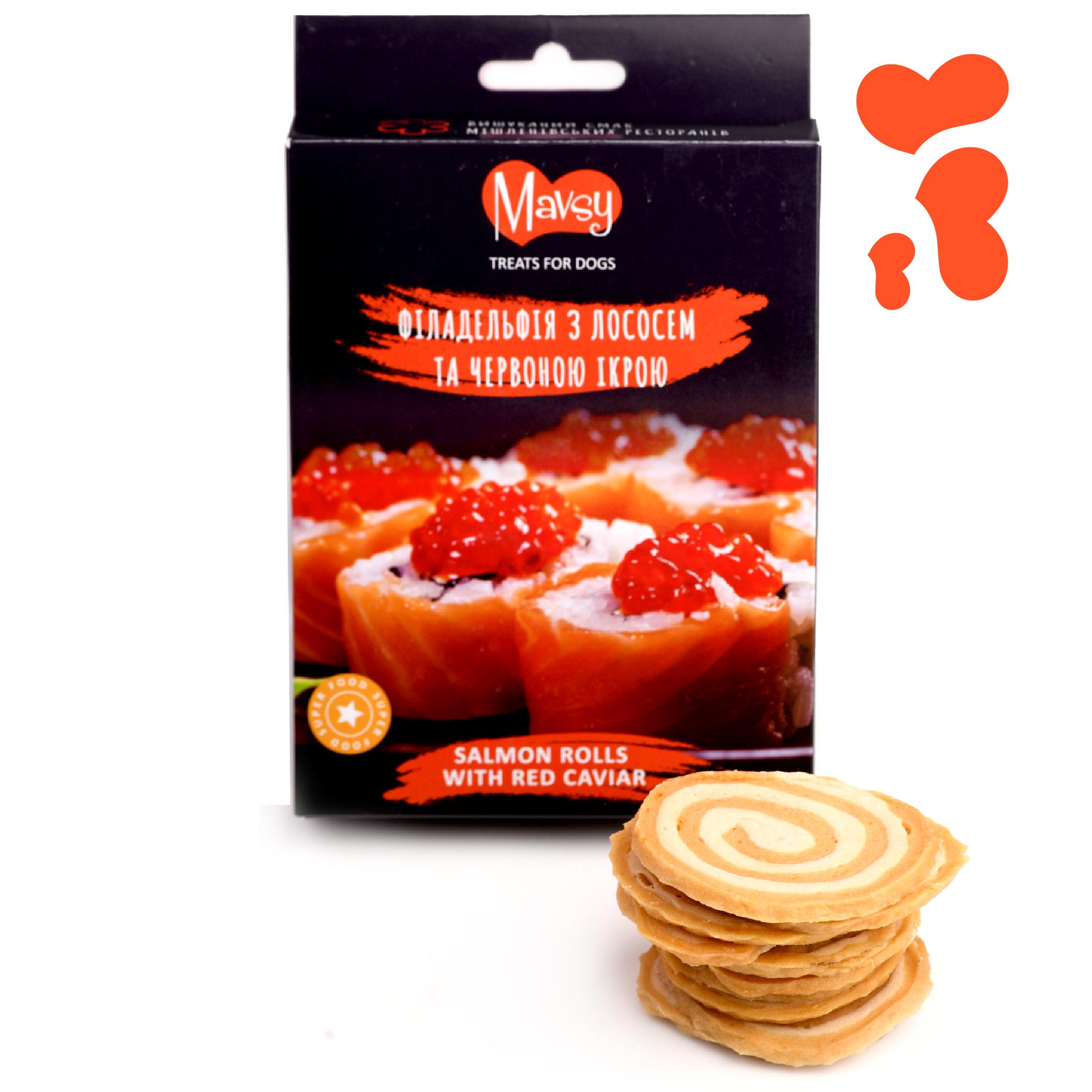 Ласощі для собак Mavsy Refined jerky SALMON ROLLS WITH RED CAVIAR філадельфія з лососем і червоною ікрою від 3-х місяців 100 г (24628244)
