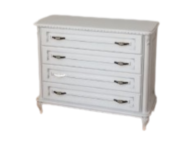 Комод из массива дуба Розалини 4Ш с резьбой на ножках Белый/Серебристый (18255865)