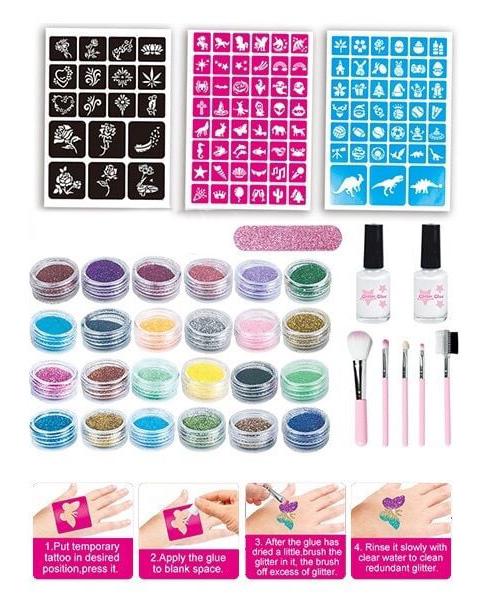 Дитячий набір для тату 784-10 24 кольори гліттера 2 пляшечки клею трафарети прикраси трафарети - фото 3 Дитячий набір для тату 784-10 24 кольори гліттера 2 пляшечки клею трафарети прикраси трафарети - фото 3