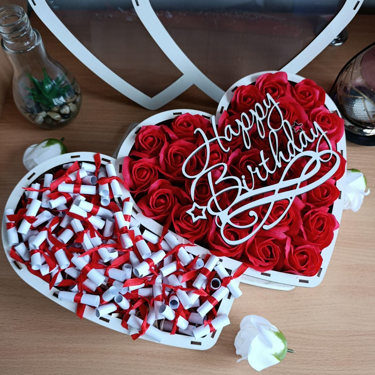 Подарочный бокс двойное сердце с розами и 101 причиной Почему я тебя люблю (ar145)