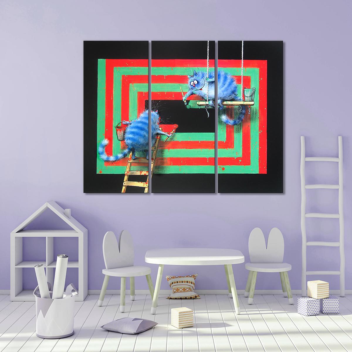 Модульная картина Коты рисуют абстракцию 3 модуля 60x90 см