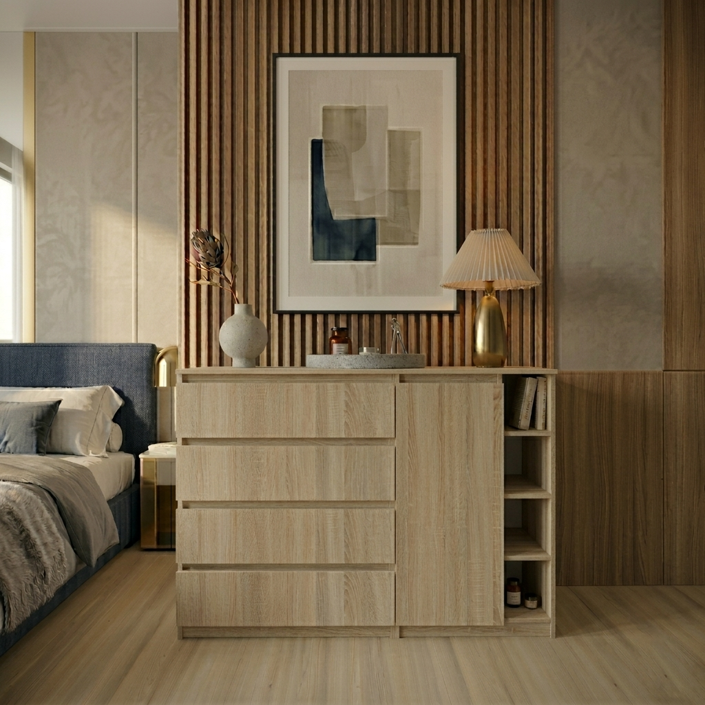 Комод MEBEX на 4 ящика с боковыми полками 140х40х100 см Дуб Сонома (VERTO4B1400DS) Комод MEBEX на 4 ящика с боковыми полками 140х40х100 см Дуб Сонома (VERTO4B1400DS)