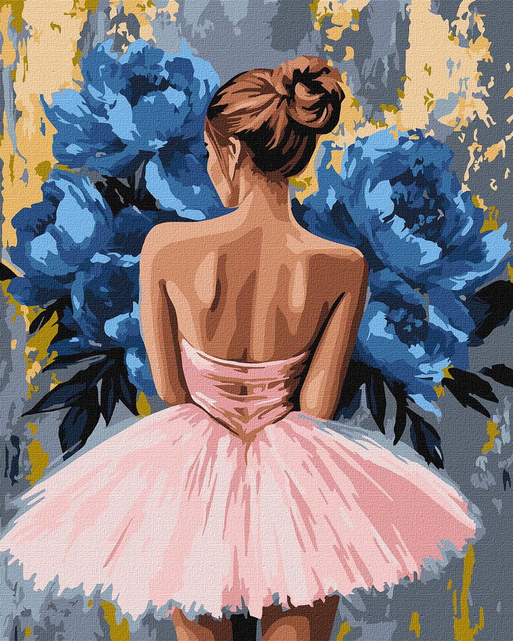 Картина за номерами Ideyka Люди Балерина з півоніями з фарбами металік зі спини 40х50 см