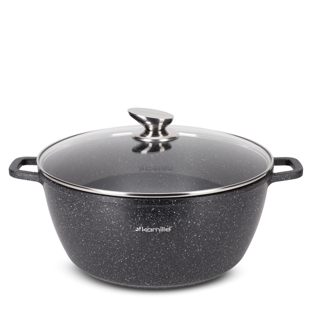 Кастрюля со стеклянной крышкой и антипригарным покрытием Kamille КМ-4480 из литого алюминия 8 л Черный мрамор (150-84-4480) - фото 1 Кастрюля со стеклянной крышкой и антипригарным покрытием Kamille КМ-4480 из литого алюминия 8 л Черный мрамор (150-84-4480) - фото 1