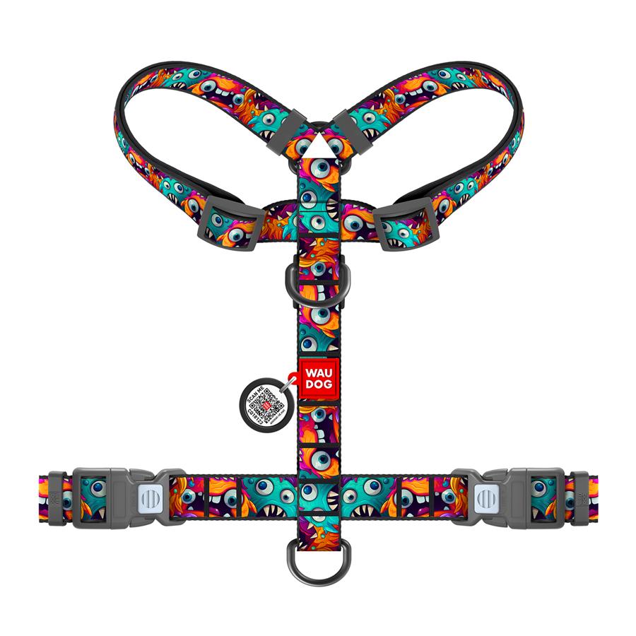 Шлейка для собак с QR-паспортом WAUDOG Nylon Зубастые монстры пластиковый фастекс L 25 мм A 51-85 см/B 61-85 см Разноцветный (345-4048) - фото 2