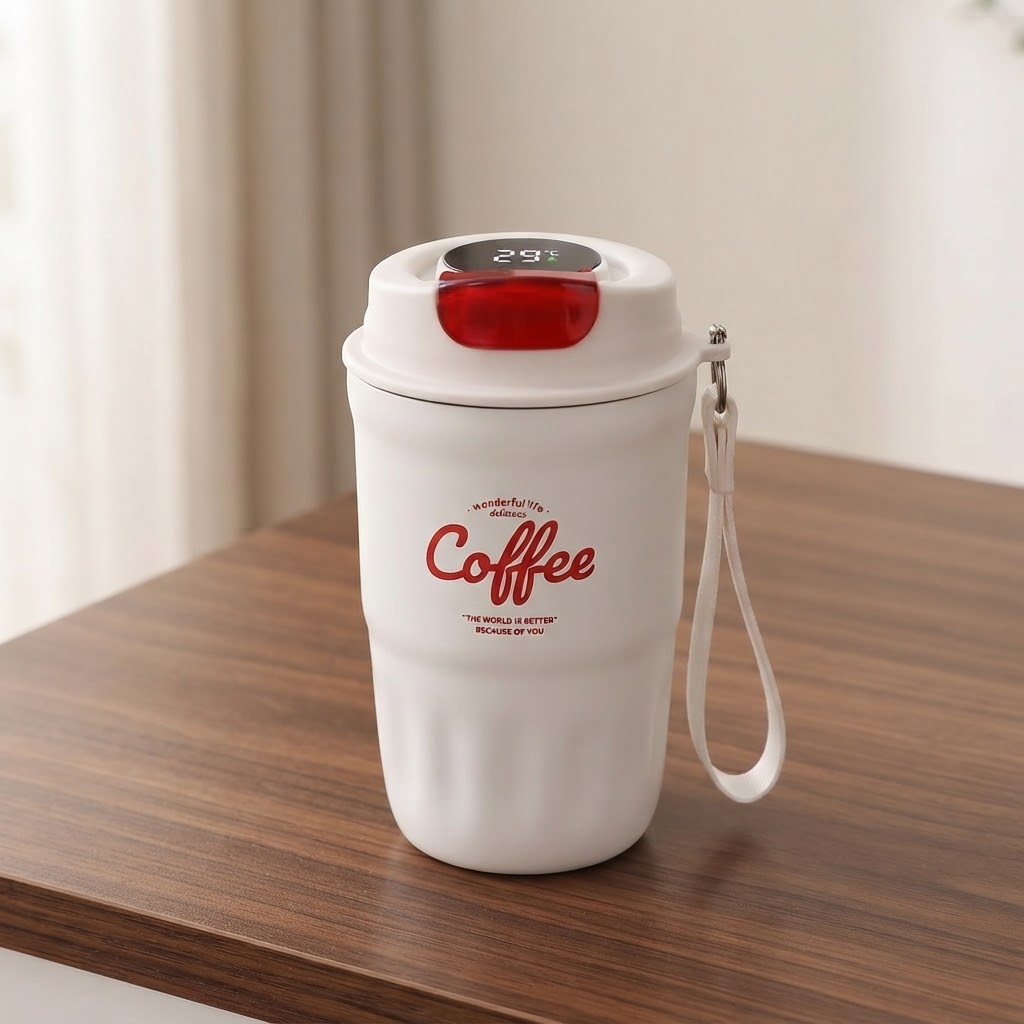 Термочашка вакуумная с ремешком датчиком температуры Coffee с двойными стенками крышка-клапан 400 мл 14x7,5 см Белый (HP-GM-19)