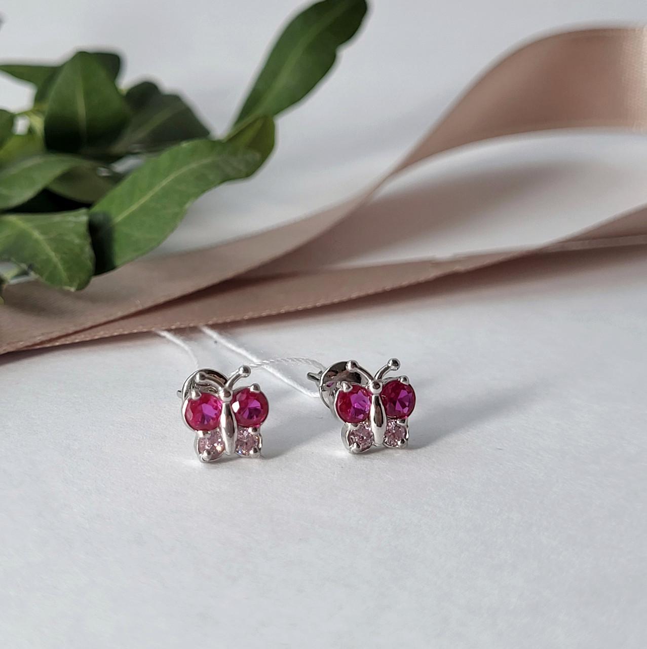 Серебряные серьги гвоздики Бабочки с розовыми камнями 925 проба 1,55 г (82566рбр)