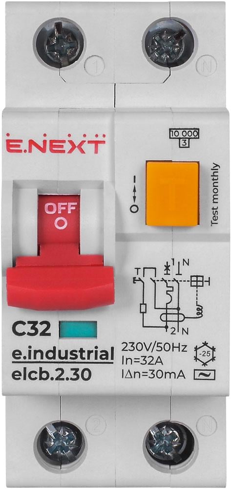 Диференціальний автомат/вимикач E.NEXT e.industrial.elcb.2.C32.30 2р 32А С 30 mA (i0230006)