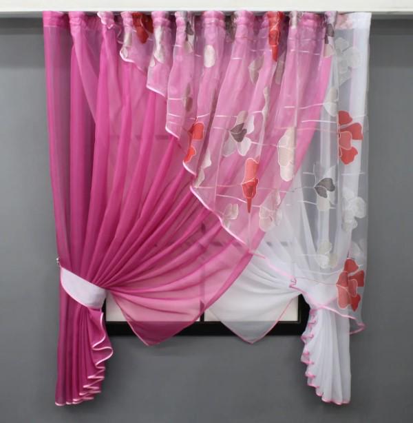 Комплект штор с подвязками на кухню 300х170 см Малиновый/Белый (063к) Комплект штор с подвязками на кухню 300х170 см Малиновый/Белый (063к)