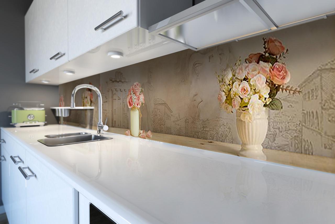 Кухонный фартук Zatarga "Розы в вазах винтаж" из самоклеющейся виниловой пленки 65х250 см Бежевый