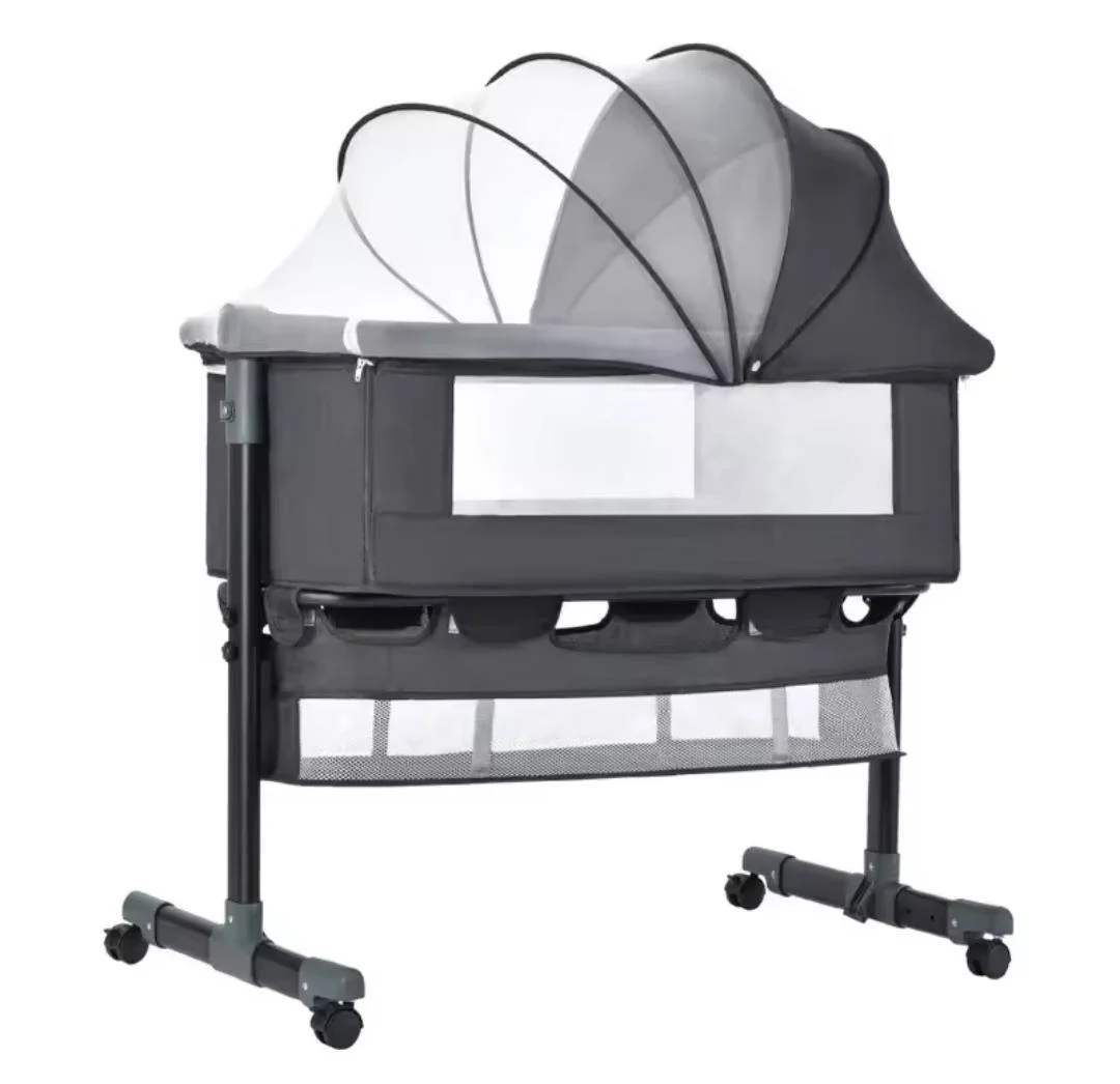 Детская кроватка приставная с качелькой пеленальным столиком и москитной сеткой колесики Серый (30233848)