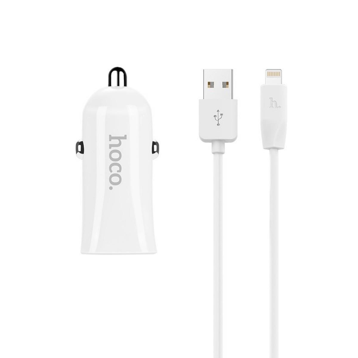 Зарядний пристрій автомобільний Hoco Z12 elite two-port car charger set with Lightning 2 USB 2.4 A White (01291)