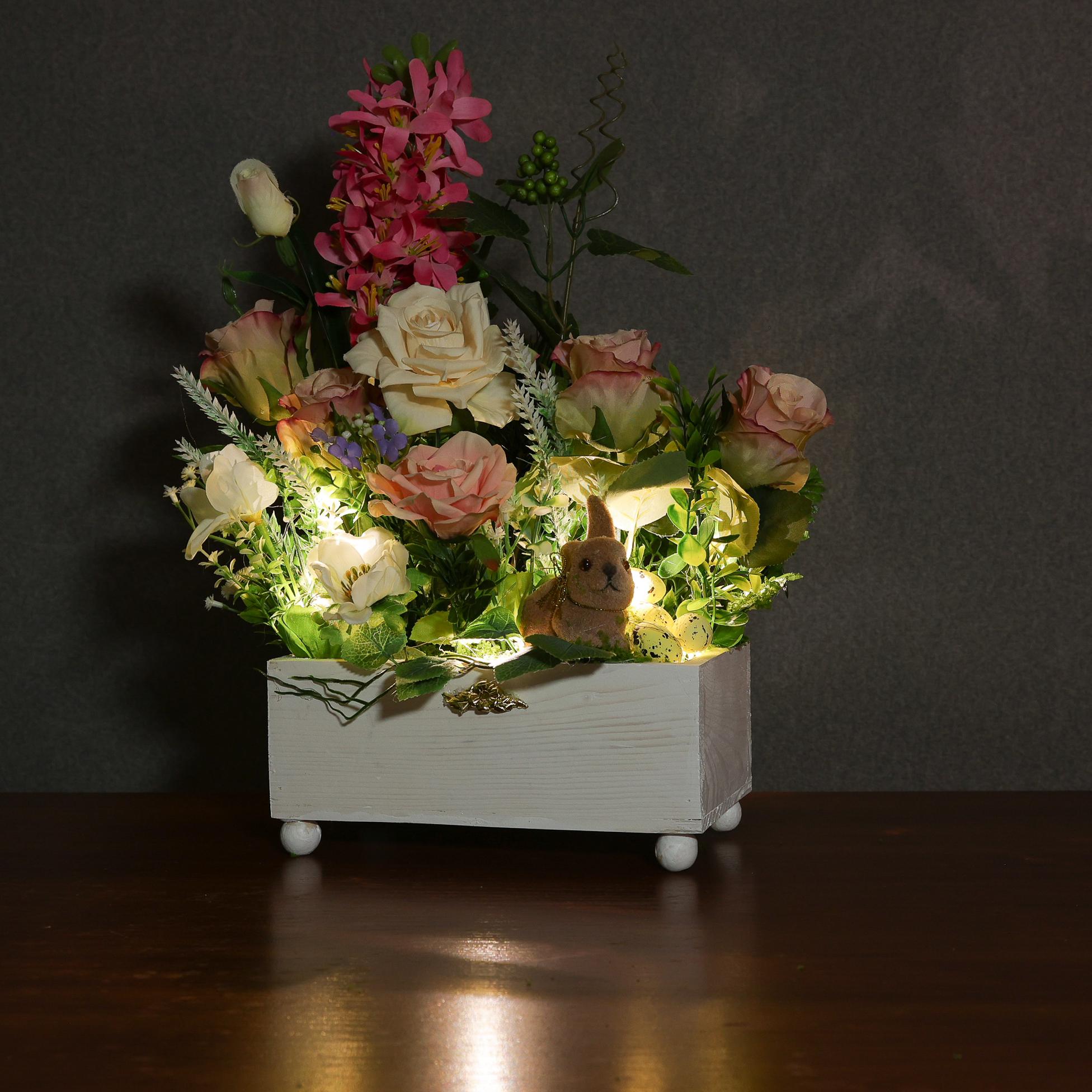 Композиция декоративная GALA DECOR в деревянном ящике с LED-подсветкой и фигуркой кролика 30х40 см.