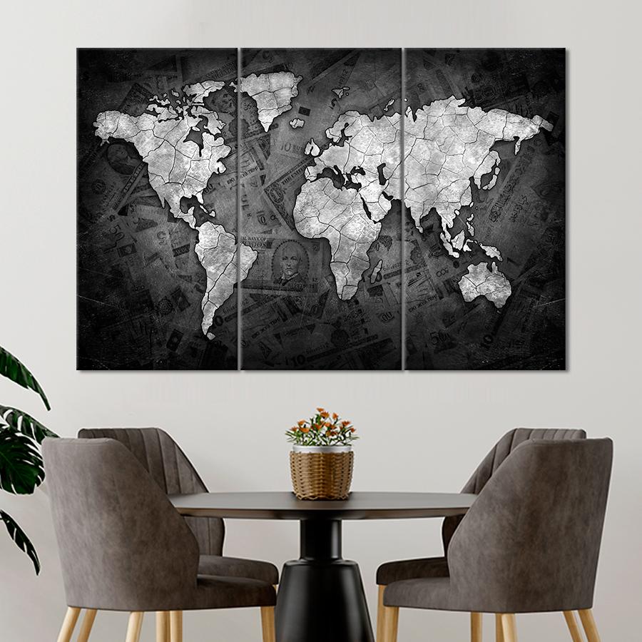 Картина карта Деньги и карта мира 128x81 см (A1333-3)