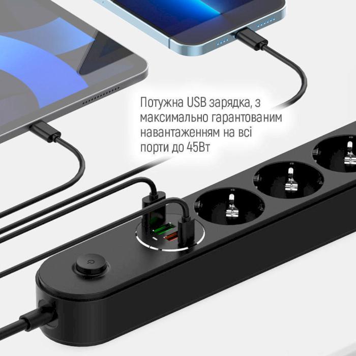 Сетевой фильтр ColorWay CW-CHE44PDB 4 розетки 1 USB-C PD 20W 3 USB-A QC3.0 45W 2 м Black (26076044) - фото 8 Сетевой фильтр ColorWay CW-CHE44PDB 4 розетки 1 USB-C PD 20W 3 USB-A QC3.0 45W 2 м Black (26076044) - фото 8