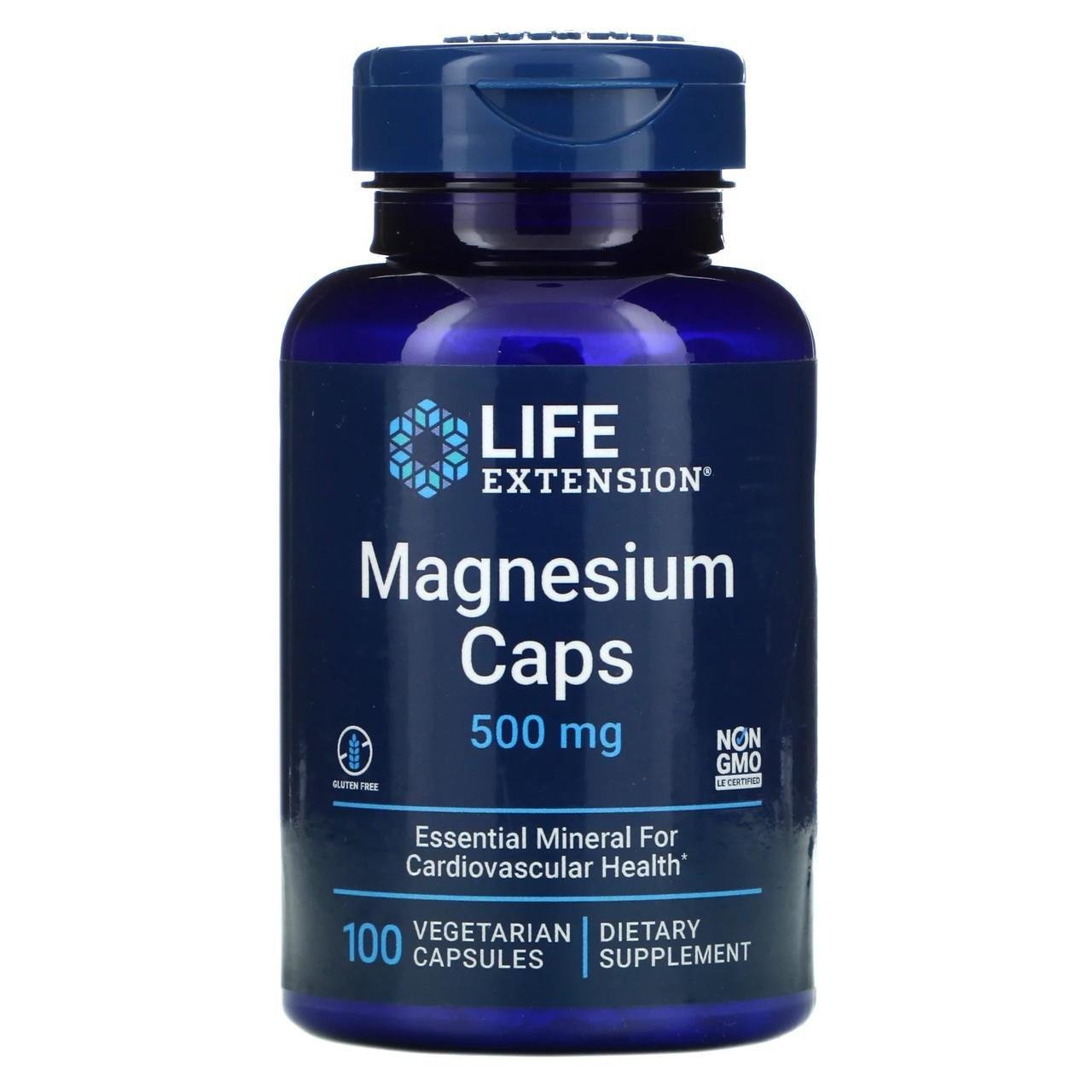 Магний Life Extension Magnesium Caps 500 мг для здоровья сердечно-сосудистой системы 100 вегетарианских капс.