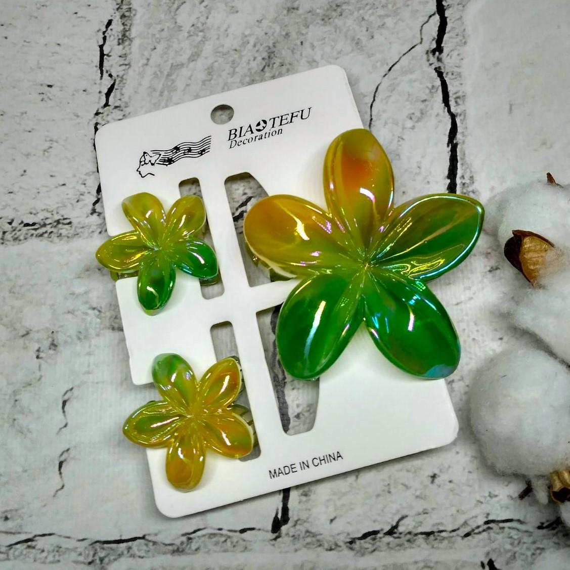 Крабик для волос Гавайский цветок перламутр заколка зажим набор из 3 шт. Желтый с зеленым (171518-1)