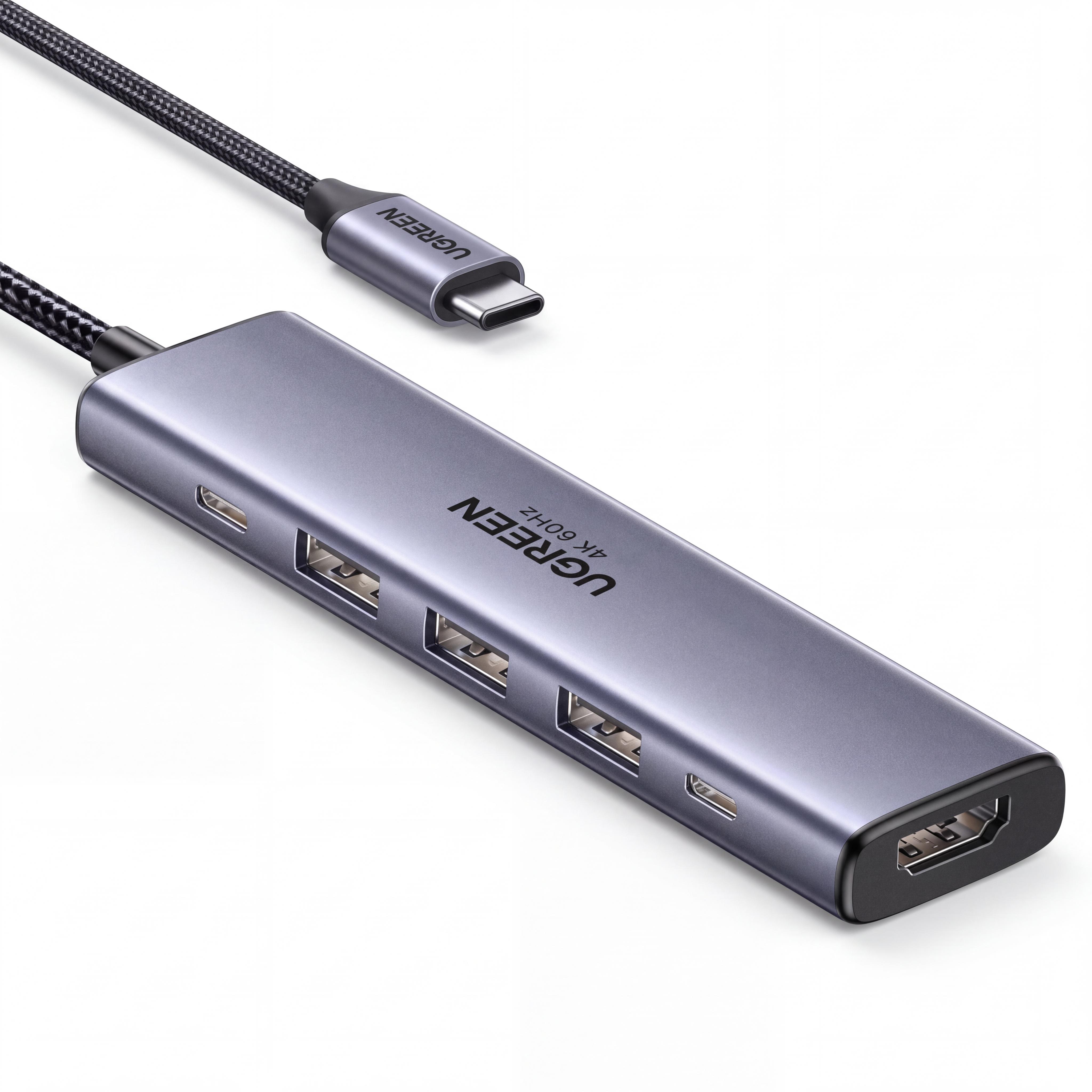 USB-C хаб UGREEN CM511 6в1 3 USB-A и 1 USB-C HDMI до 4K 60 Гц видео через DP Alt Mode USB до 10 Гбит/с PD до 85 Вт без драйверов Серый (45031)