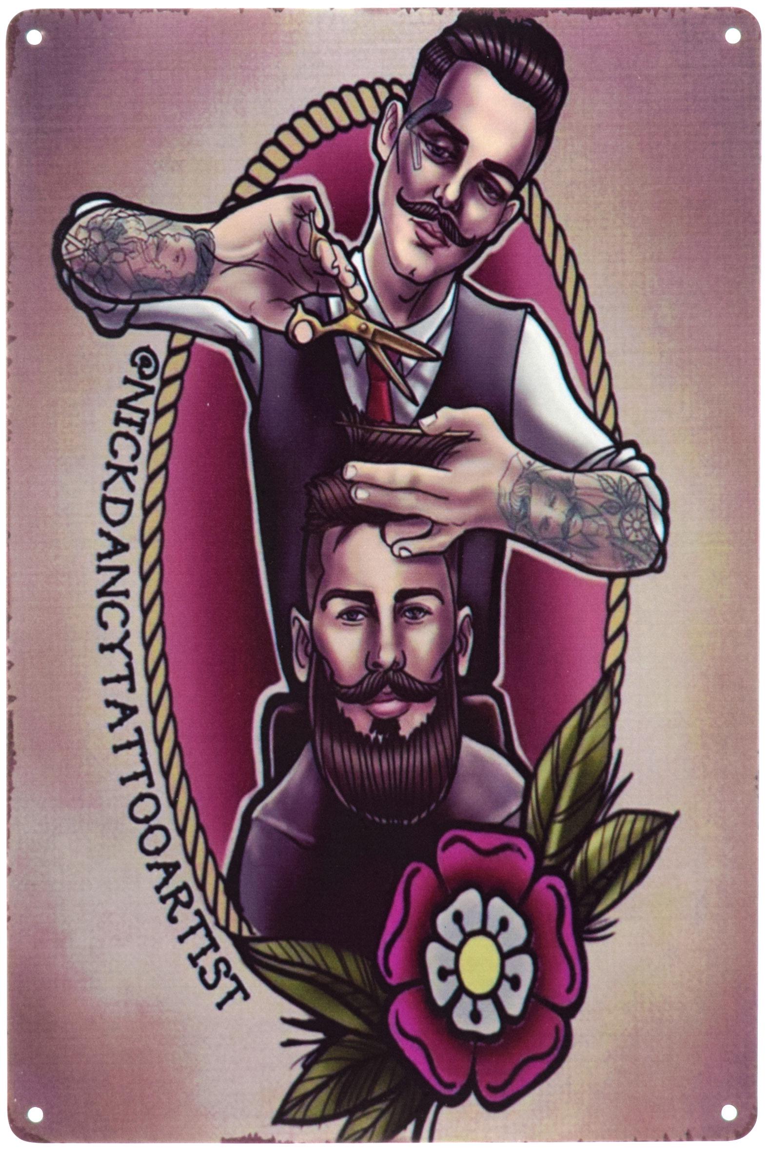 Табличка металлическая Барбершоп/Barber Shop Nickdancy Tattooartist 20x30 см