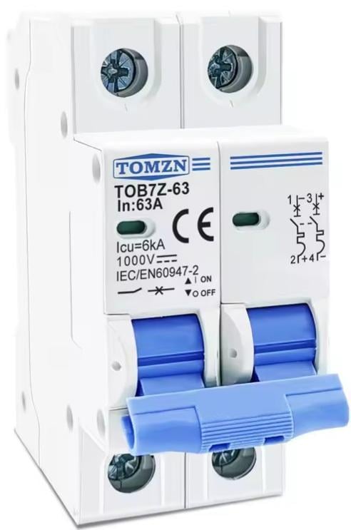 Выключатель постоянного тока TOMZN автоматический DC MCB TOB7Z-63 2P Icu 6kA на DIN рейку 40А двухполюсный до 1000V (96636343)