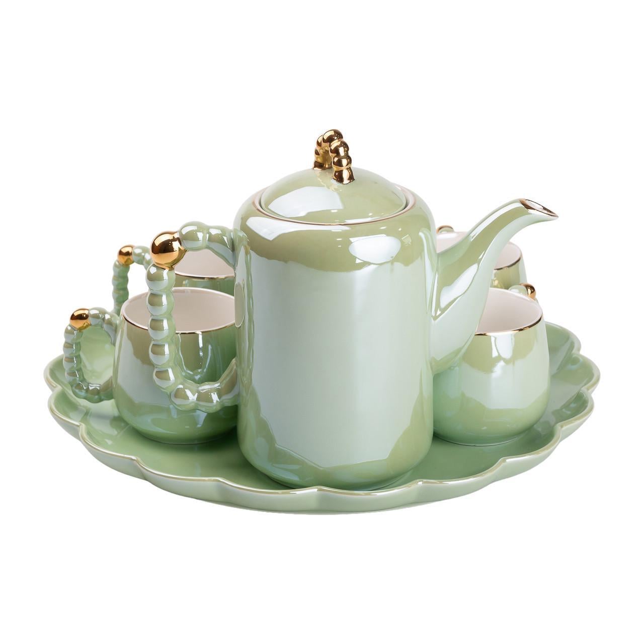 Чайный набор с заварочным чайником и керамической подставкой на 6 персон Зеленый (4992)
