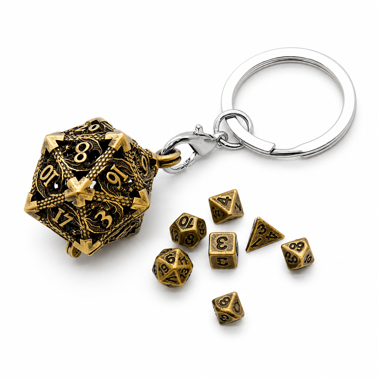 Брелок D20 с набором кубиков металлические полиэдрические кости для игр D&D 7 шт. Gold (1728)