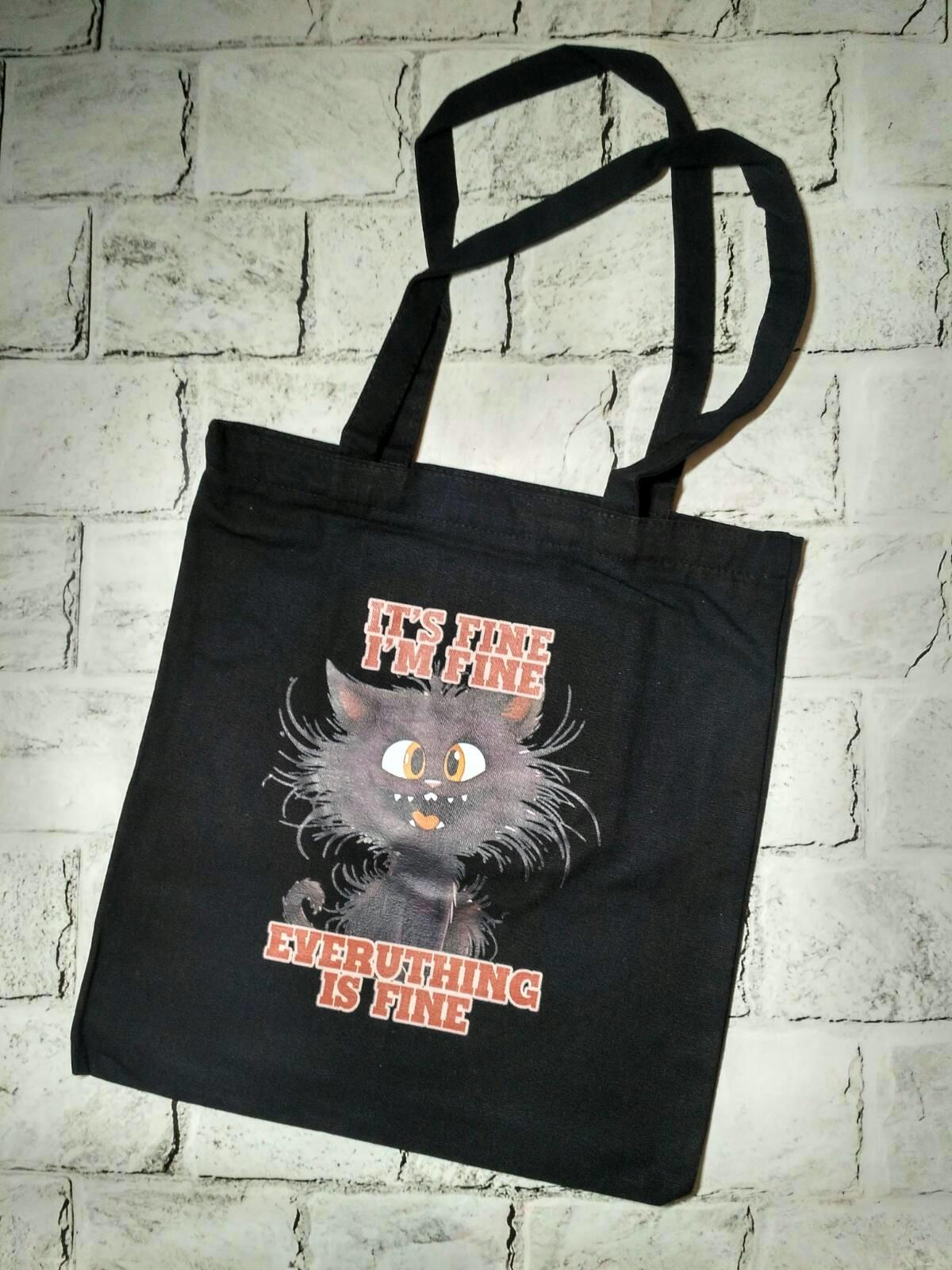 Эко-сумка шоппер на молнии Котик 35х38 см Черный (25-148)