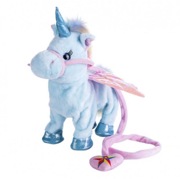 М'яка електронна іграшка SUNROZ Walking Talking Plush Unicorn єдиноріг з повідцем 35 см Блакитний (SUN3802)